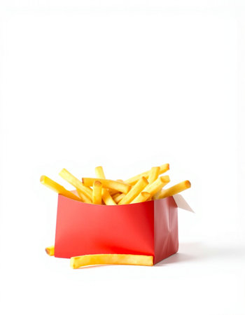 French fries in red box isolated on white background. Fast food concept.