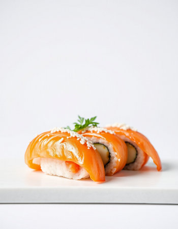 Sushi roll with salmon, cheese and cucumber on white backgroundの写真素材