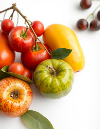 Fresh fruits and vegetables on a white background, close-up.の写真素材
