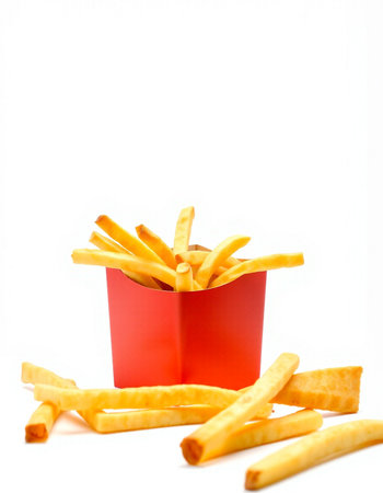 French fries in a red box on a white background. Isolated