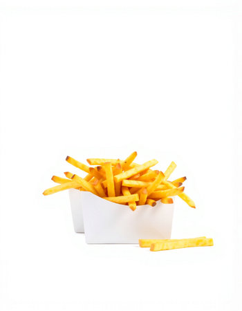 Golden French fries in a white box isolated on a white background.