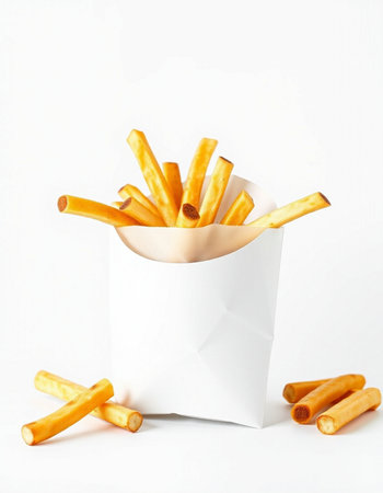 French fries in paper box on white background. Shallow dof.