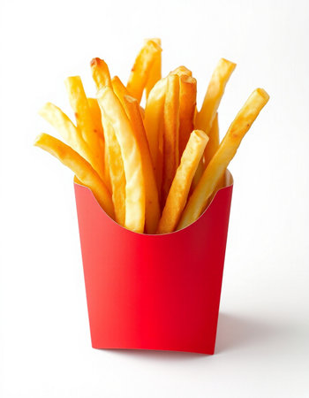 French fries in a red box on a white background close-up