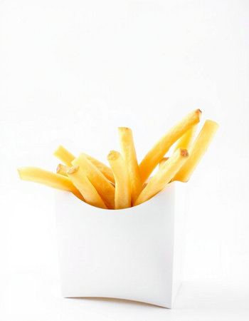 French fries in a white box on a white background. Isolated