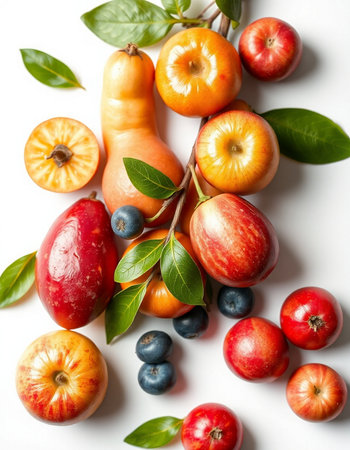 Fruits on a white background. Top view. Flat lay.の写真素材