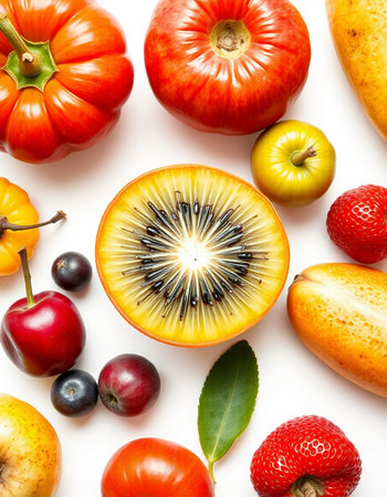 Fruits and vegetables on white background. Flat lay, top viewの写真素材