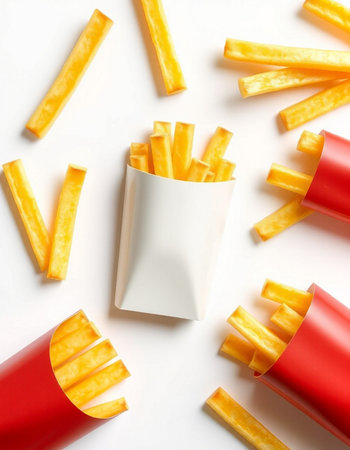 French fries in a paper box on a white background, top view