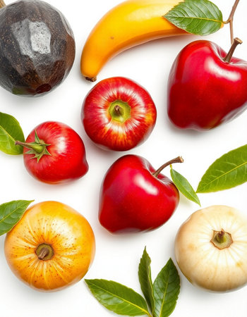 Fruits and vegetables isolated on white background. Flat lay, top view
