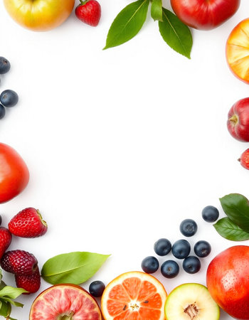 Fresh fruits and berries on white background. Top view with copy spaceの写真素材