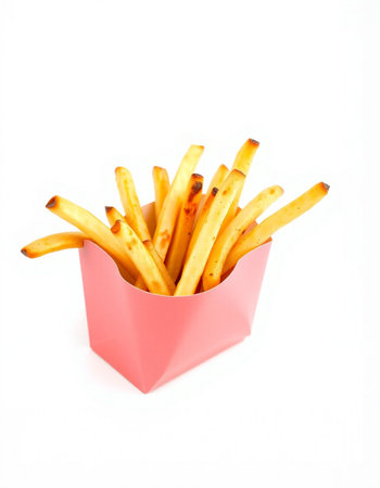 French fries in a pink box on a white background. Isolatedの写真素材