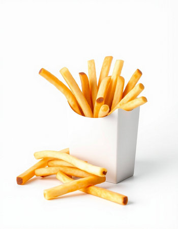 French fries in a white box on a white background. Isolated