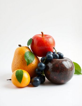 Composition with fresh fruits on white background. Healthy eating concept.の写真素材