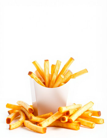 French fries in a paper box on a white background. Fast food.
