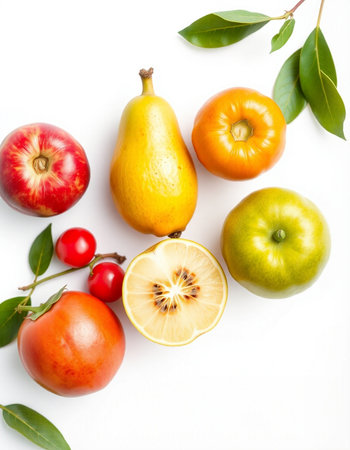 Fruits and vegetables on white background. Flat lay, top viewの写真素材