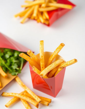 French fries in red paper box on white background. Selective focus.