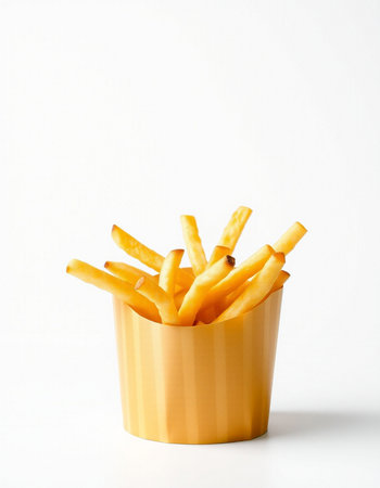 French fries in a yellow box on a white background. Selective focus.の写真素材