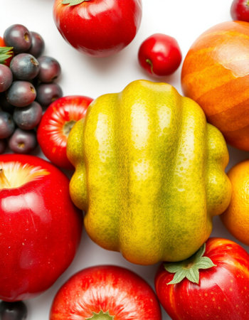 Composition with different fruits and vegetables on white background, closeupの写真素材