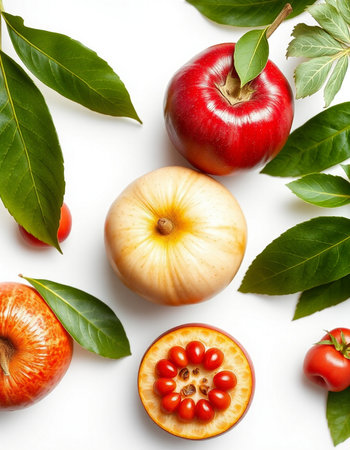 Fruits and vegetables on a white background. View from above.