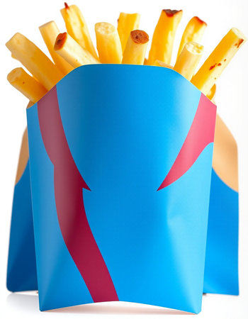 French fries in paper bag isolated on white background. Close up.の写真素材