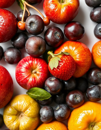 Fruit background with strawberries, blueberries, blackberries and orangesの写真素材