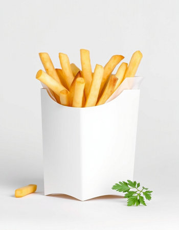 French fries in a white box on a white background with parsleyの写真素材