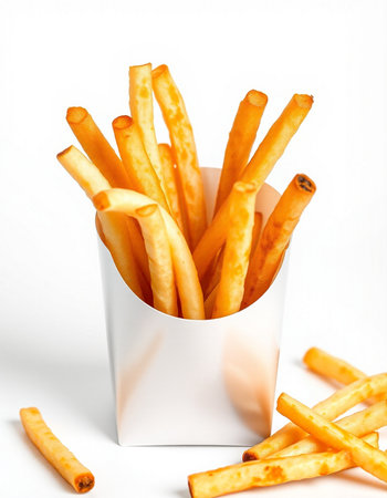 French fries in a white box on a white background close-up