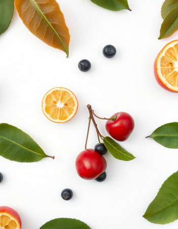 Cherries, lemons and leaves on white background. Flat lay, top viewの写真素材