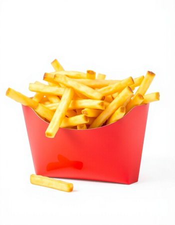 Golden French fries in a red box isolated on a white background.