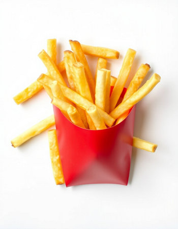 French fries in red box isolated on white background, top view.
