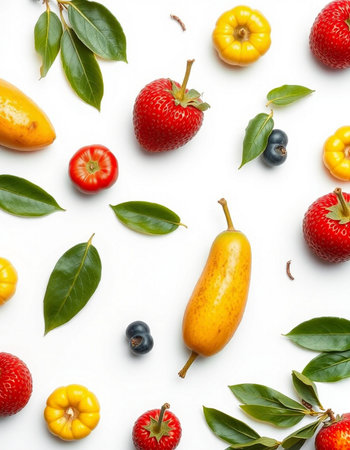 Various fruits and berries on white background, top view. Flat lay