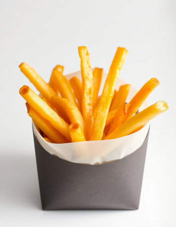 French fries in paper box on white background. Selective focus.