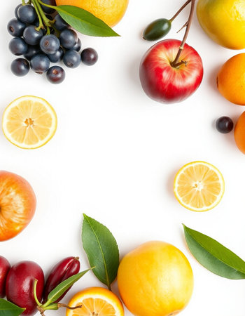 Fruits and berries isolated on white background. Flat lay, top view