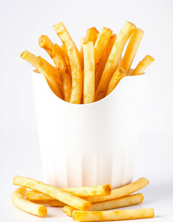 French fries in a white paper cup on a white background. Close-up.
