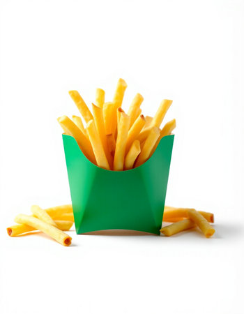 French fries in a green box on a white background. Isolatedの写真素材