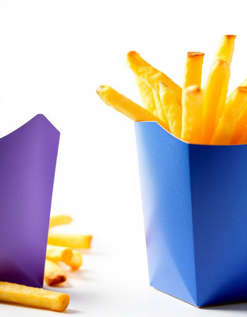 French fries in a blue box on a white background close-upの写真素材