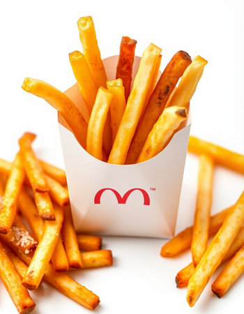 French fries in a paper box on a white background. Selective focus