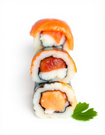 Sushi roll with salmon, nori and cream cheese on white backgroundの写真素材