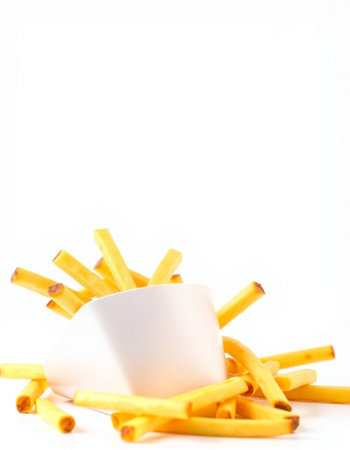 French fries with white cup on white background, shallow depth of field