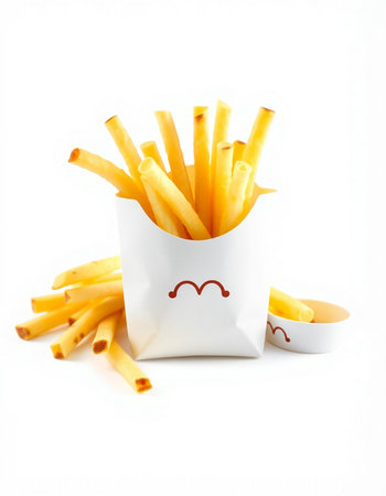 French fries in a paper bag on a white background. Isolated
