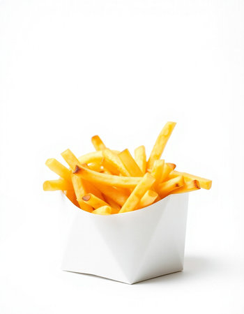 French fries in a white bowl on a white background. Isolated