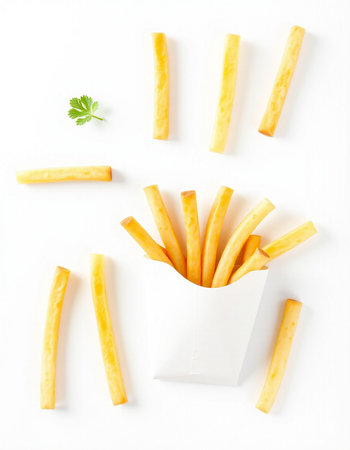 French fries in paper box isolated on white background. Top view.の写真素材