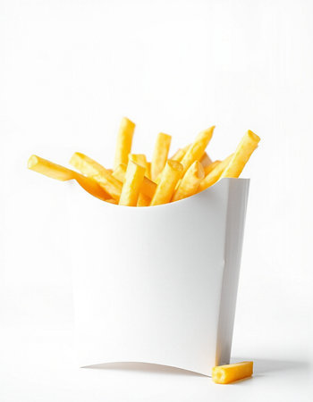 French fries in a white box on a white background, fast food