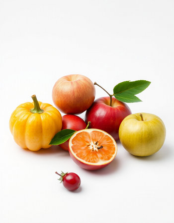 Fruits on a white background. Apples, oranges, and cranberries.の写真素材