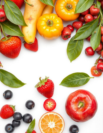 Fruits and vegetables on white background. Healthy food. Top view.