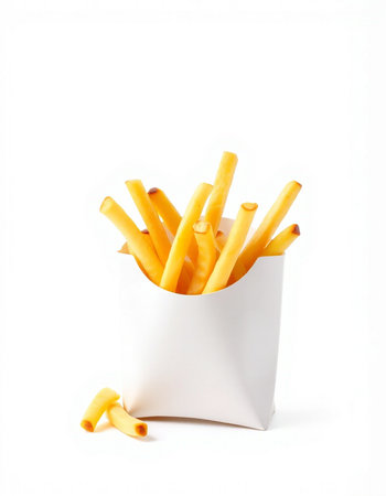 French fries in a white box on a white background. Isolated