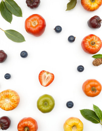 Colorful fruits and berries on white background. Flat lay, top viewの写真素材