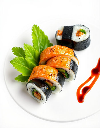 Sushi roll with salmon, avocado and cucumber on white plateの写真素材