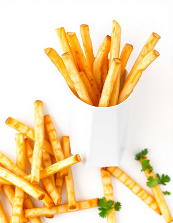 French fries with parsley on white background. Selective focus.の写真素材