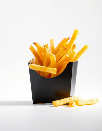 Golden French fries in a black box on a white background with shadow