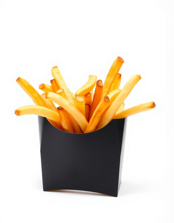 French fries in a black box on a white background. Isolated